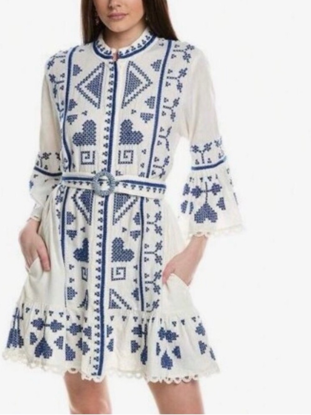 NWT FARM Rio Cross stitch White & Blue Mini Dress